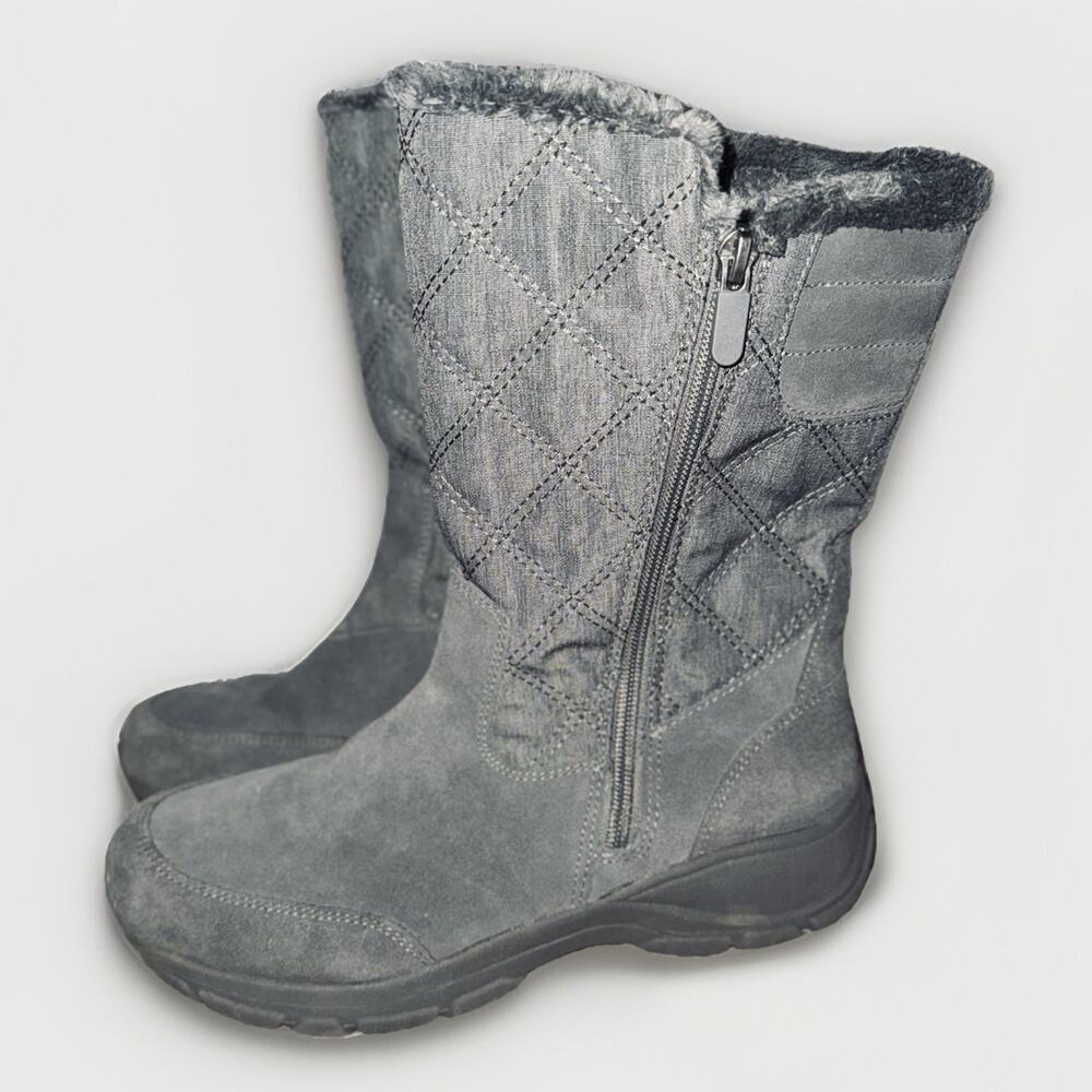 Lands’ End Winter Zip Mid Boots Gray Womens US 8 EU 38.5 Quilted Suede Fur-Lined